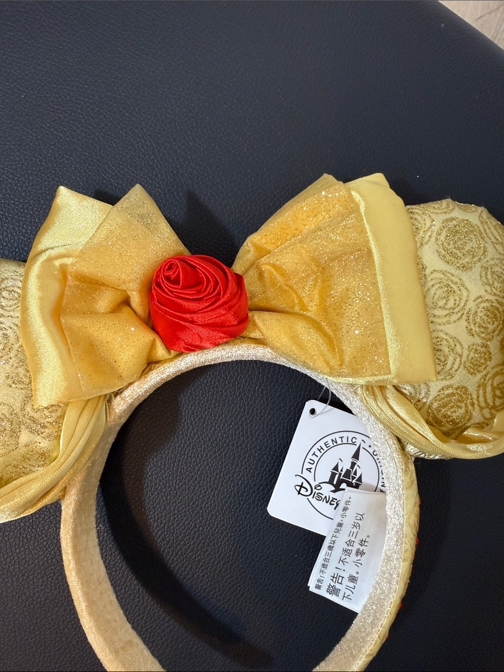 Disney Gold Princess Belle Mouse Ears Headband with Red Rose Accent - Picture 3 of 7